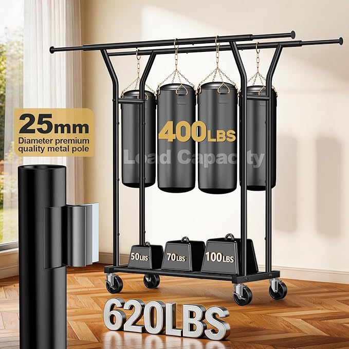 Heavy Duty Clothes Rack - Load 620 LBS, Rolling Clothing Rack for Hanging Clothes with Lockable Wheels & Shelves, Extendable Double Rod Garment Rack for Bedroom, Laundry, Living Room (Black)