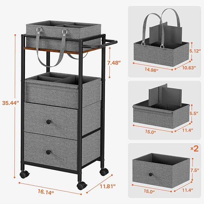 Modanais Baby Diaper Caddy Organizer Cart with Drawers - 3In1 Rolling Storage Cart with Wheels, Removable Diaper Caddy, Detachable Dividers - for Crib, Bedroom, Art & Craft Organizer (Black)