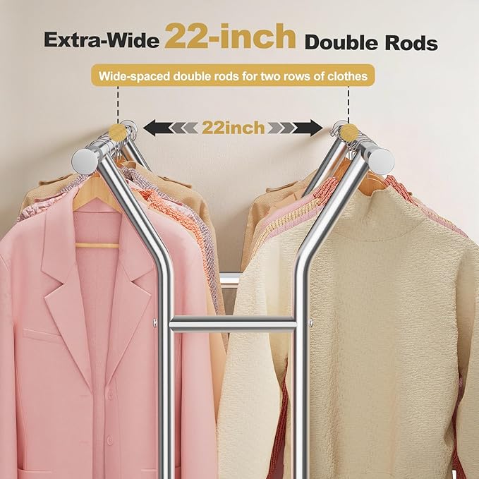 Heavy Duty Clothes Rack - Load 620 LBS, Rolling Clothing Rack for Hanging Clothes with Lockable Wheels & Shelves, Extendable Double Rod Garment Rack for Bedroom, Laundry, Living Room, Silver