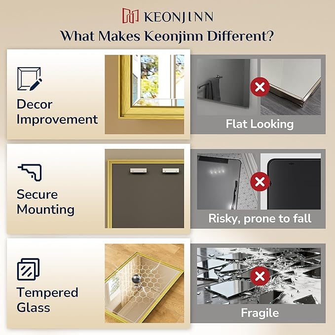 Keonjinn 24" x 32" Brushed Gold Bathroom Vanity Mirror, Aluminum Alloy Frame, Beveled Tempered Glass, Shatterproof, Rectangular, French Cleat Wall-Mounted Mirror for Decoration, Entryway, Hallway