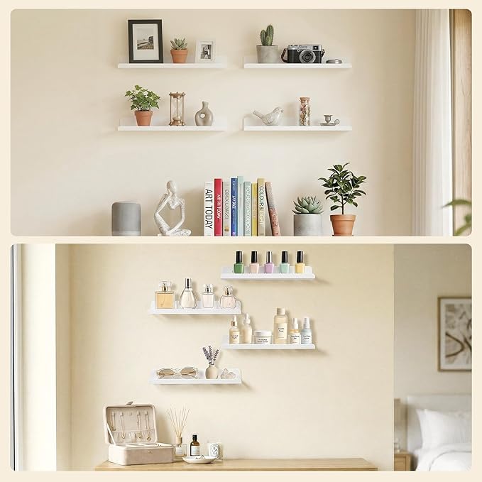 Lifewit Floating Shelves for Wall, Acrylic Display Shelf Wall Mounted for Figure, Car, Art, Book, 14" Perfume Organizer for Bathroom, Bedroom, Living Room, Nursery, Home Decor, White, 8 Pack
