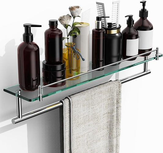 24-Inch Towel Rack with Shelves Tempered Glass Bathroom Shelves with Bar - Chrome Polished Modern Stainless Steel, Wall Mount Rustproof Tower Rail