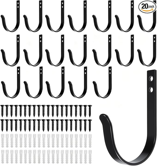 20 PCS Wall Hooks Heavy Duty - Large 22LB Metal Coat Hooks Wall Mount - Towel Hooks for Bathroom Door Closet Mudroom - Rustproof - Black