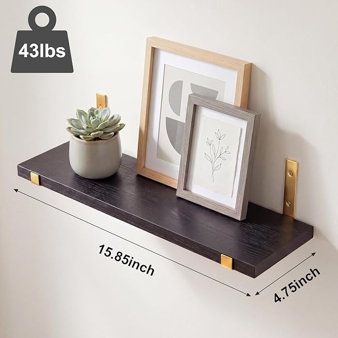 Fixwal Floating Black Gold Shelves Set of 5, Width 4.75 Inches Wall Shelves, Rustic Wood Wall Storage Shelves for Bedroom, Living Room, Kitchen, Bathroom, Home Decor, Laundry Room, Office and Plants