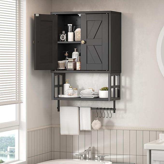 Farmhouse Medicine Cabinet - 3-Tier Wall Mounted Storage Organizer with Adjustable Shelves, Towel Bar, 5 Hooks for Small Bathroom, Laundry Room, Over Toilet, Living Room, Bedroom, Black