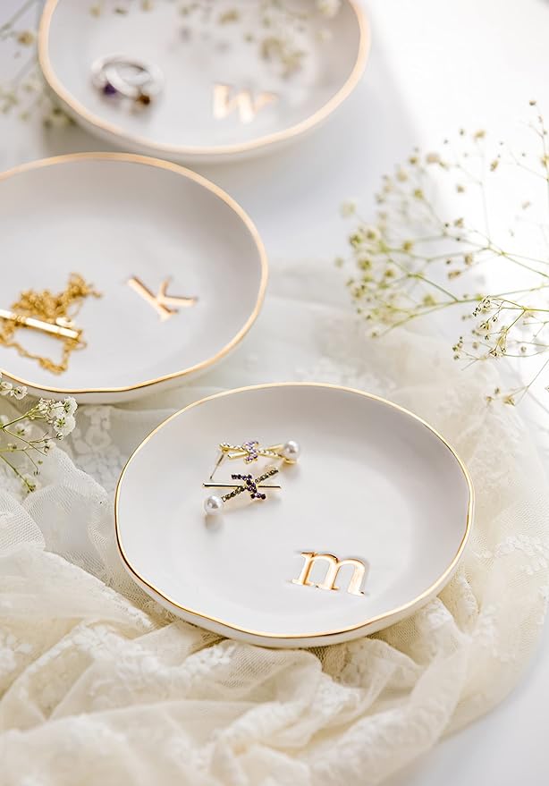 COLLECTIVE HOME - Ceramic Jewelry Tray, Decorative Trinket Dish for Rings Earrings Necklaces Bracelet Watch Keys, Birthday Mother's Day Christmas Gift for Women, 4.75", White Surface (C)