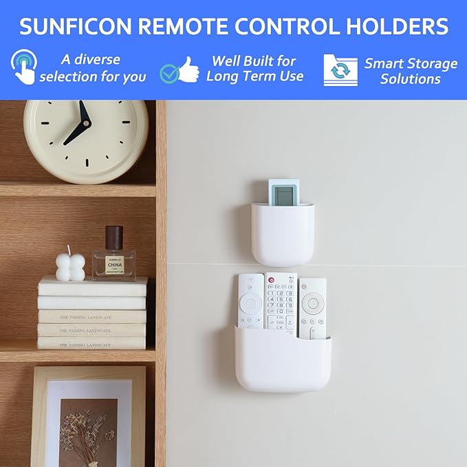 SUNFICON Wall Mount Remote Holder TV FAN Remote Control Holder Bedside Caddy Wall Organizer Phone Holder for Office Adhesive Media Player Controller Holder Box Tray Home Desk Nightstand White 6PACK