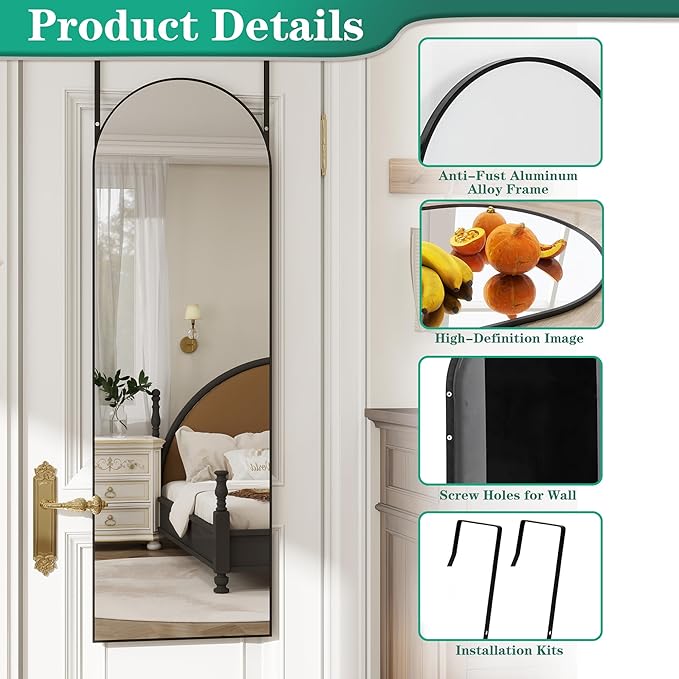 Over the Door Mirror Full Length, 48"x14"Door Hanging Mirror Full Length Arch Mirror, Behind the Door Wall Mirror, Back of Door for Closet Bedroom Living Room, Black