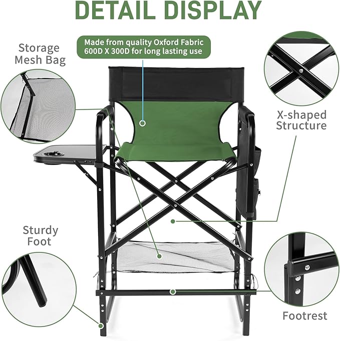 Outvita 2 Piece 31" Tall Directors Chair Height Seat Folding with Side Table Storage Bag, Support for 300Lbs Portable Makeup Artist Chair with Bar Height(Dark Green/Black)