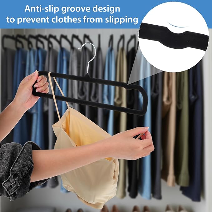 30 Pack Velvet Pants Hangers Non Slip, Black Flocked Trouser Hangers with Swivel Hook, Space Saving Slim Clothes Hanger for Closet, Jeans, Shirts and Dresses