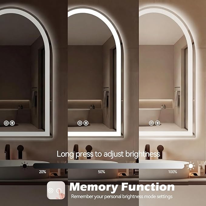 Sweetcrispy 28"×36" LED Arched Bathroom Mirror with Lights, Arched Lighted Bathroom Vanity Mirror with Anti-Fog, Dimmable, 3-Color Light, Memory Function, Tempered Glass