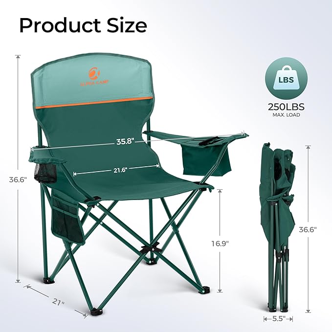 ALPHA CAMP Camping Chairs 350LBS Capacity, Heavy Duty Folding Chair with 4-Can Cooler Bag, Portable Outdoor Chair with Cup Holder for Adults, Collapsible for Tailgating, Beach, Fishing