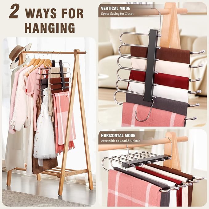 HUITEM Space Saving 6 Tier Pant Hangers, Anti-Slip, Stainless Steel, 2 Pack, Black