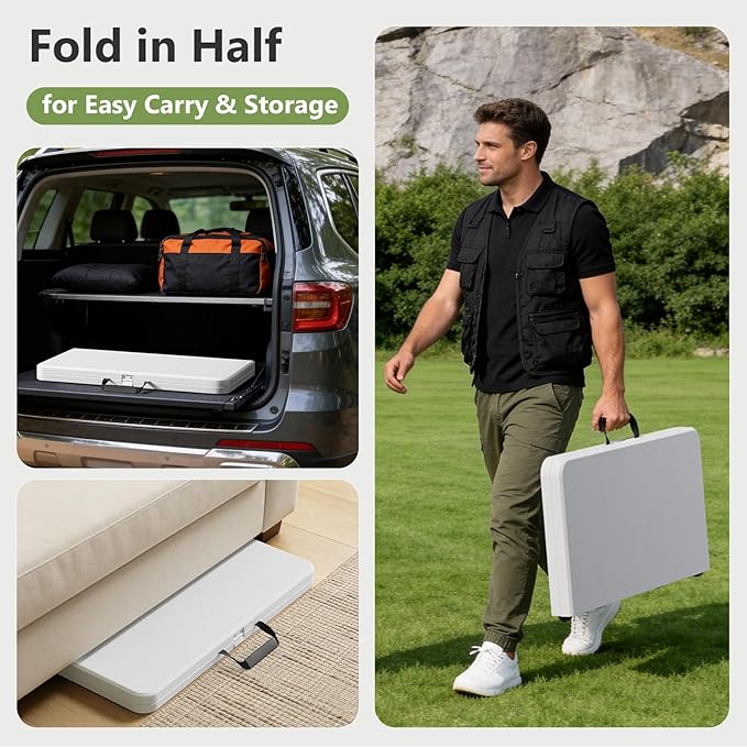 Folding Table 2 Pack, 36 Inch Square Foldable Card Tables, No Assembly Portable Folding Tables, Heavy Duty Fold-in-Half Tables with Carry Handles for Camping, Picnic, Parties, RV Travel & Indoor Use