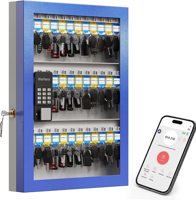 WeHere 72-Key Smart Key Lock Box, Wall-Mount Key Cabinet with Key Management App(Track Key Borrow/Return), Keypad, Bluetooth & WiFi Unlock (Sold Separately) for Commercial, School, Rental, Office