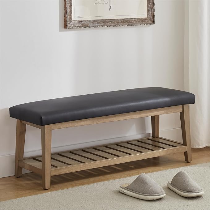 Zihanhome Entryway Bench, PU Leather Upholstered Shoe Benches for Bedroom, Ottoman Bench with Solid Wood Shelf, Storage Bench for Hallway, Living Room(Black)