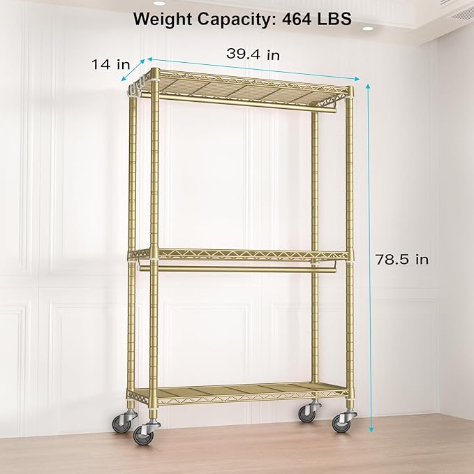FUTASSI P3 Rolling Clothes Rack, Clothing Racks for Hanging Clothes, Heavy Duty Garment Rack with Wheels, Freestanding Portable Closet Racks 39.4'' W x 14'' D x 78.5'' H, Max Load 470 LBS, Gold