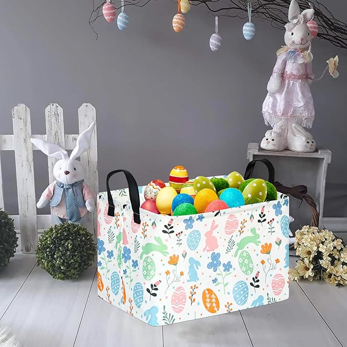 Rectangular Easter Basket Storage Bin for Shelves Cute Gifts Baskets Foldable Box with Handles for Boy and Girl Home Office Car Dormroom Easter Party Supplies