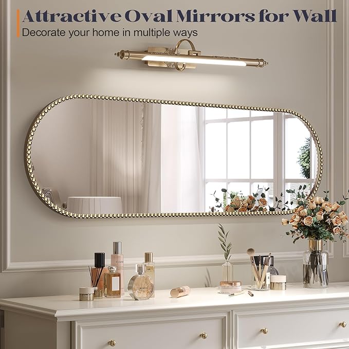 Champagne Bronze Bathroom Mirror with Beaded, 20"x53" Oval Full Length Mirror for Wall Decorated, Gold Vintage Beaded Mirrors with Brass Frame for Bedroom,Living Room,Hallway,Fireplace