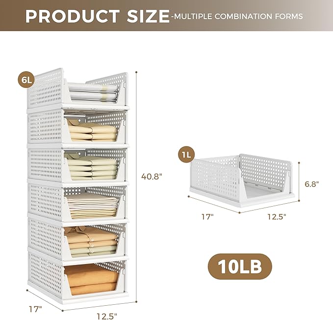 Pinkpum 6 Pack Closet Organizers Storage Bins, Stackable Plastic Drawer Basket for Clothing, Stackable Storage Bins Shelf Storage Container for Closet Wardrobe Bedroom Bathroom Office White