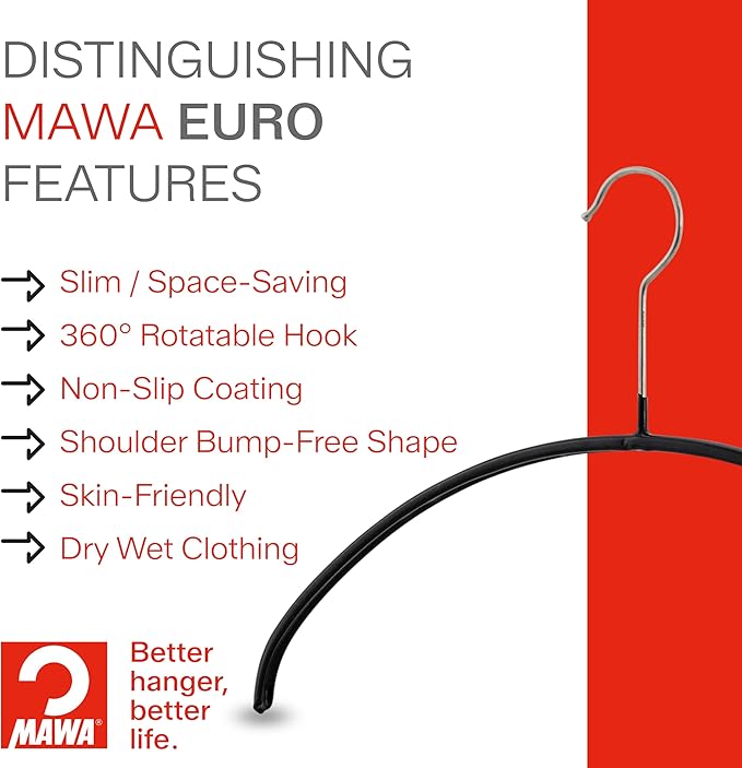 Mawa by Reston Lloyd Euro Series Non-Slip Space Saving Steel Clothes Hanger for Shirts, Dresses, Sweaters, Style 40/P, Silver, Set of 130