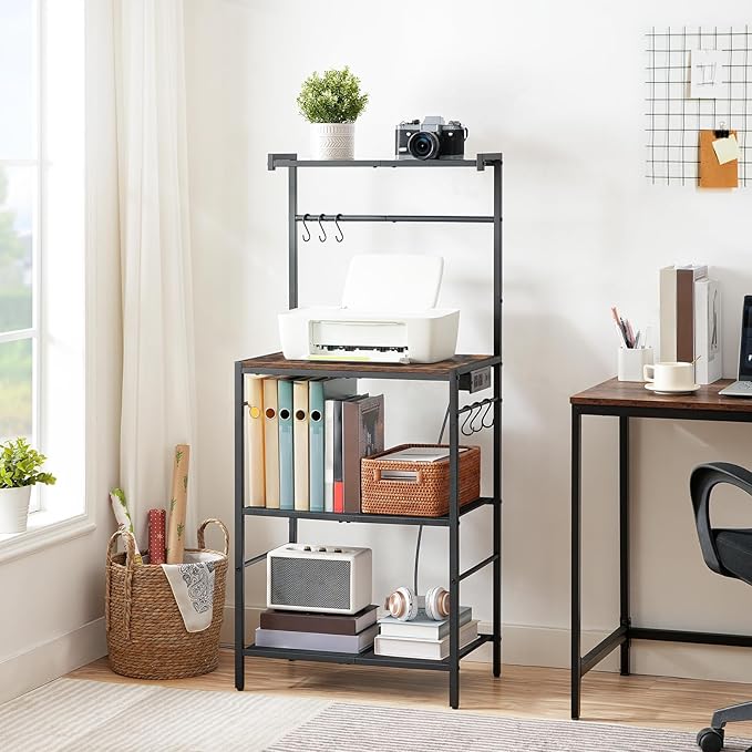 MAHANCRIS Bakers Rack with Power Outlet, Kitchen Storage Shelf with 6 Hooks, Microwave Stand with Storage, 4-Tier Coffee Bar Station, for Kitchen, Dining Room, Rustic Brown BRHR35E01