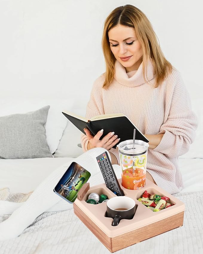 Couch Cup Holder Tray, Silicone Wooden Couch Caddy with Cup Holder for Snacks, Drinks, Remotes, Waterproof Cup Holder for Couch, Organizer, Couch Drink Holder