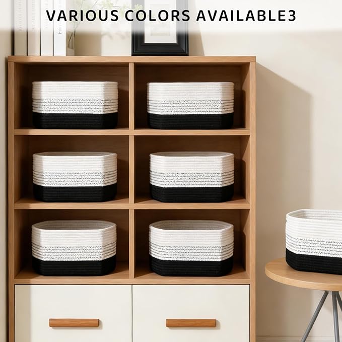 4 Pack Storage Baskets for Organizing, 12''Lx9''Wx8''H Woven Baskets for Storage Toys, Towels, Books, and Clothes, Cotton Rope Basket for Shelves with Handle White & Brown