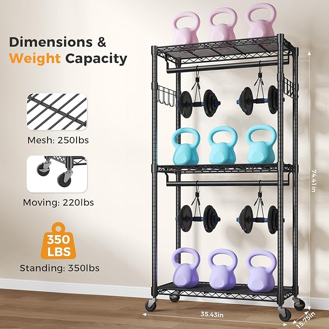 OLIXIS Clothes Rack Heavy Duty Adjustable Garment Clothing Rack with Wheels, Rolling Metal Freestanding Closet Organizer for Hanging Clothes with 2 Side Hooks, Double Rods, 35" x 15" x 75", Black