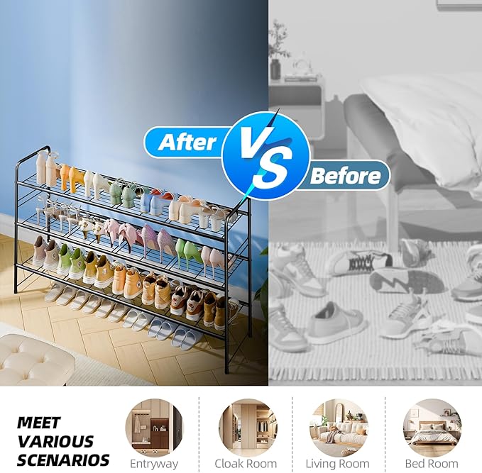 3 Tier Shoe Rack for Closet, 44 Inch Extra Long Shoe Storage Organizer for Shelves, Heavy Duty Metal, Easy Assembly, Black