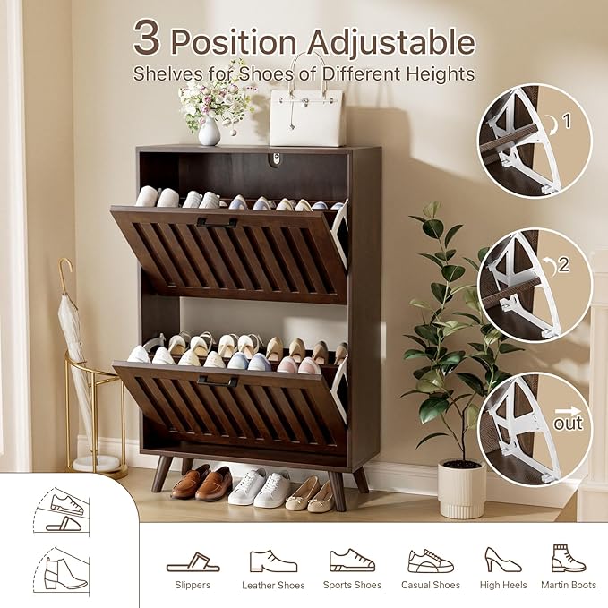 Shoe Storage Cabinet with 2 Flip Drawers, Modern Freestanding Organizer with Adjustable Shelf, Narrow Shoe Rack Cabinet for Entryway, Walnut