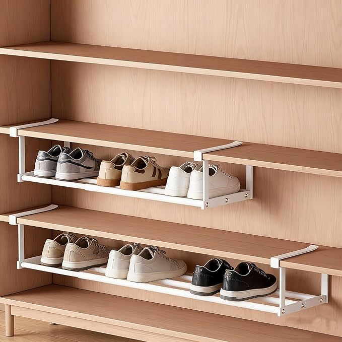 Under-Shelf Expandable Shoe Rack Organizer, White Metal, 40-70cm Width Adjustable, Cabinet Storage for Closet，Retractable Shoe Rack Organizer，Expandable（3 Pcs）