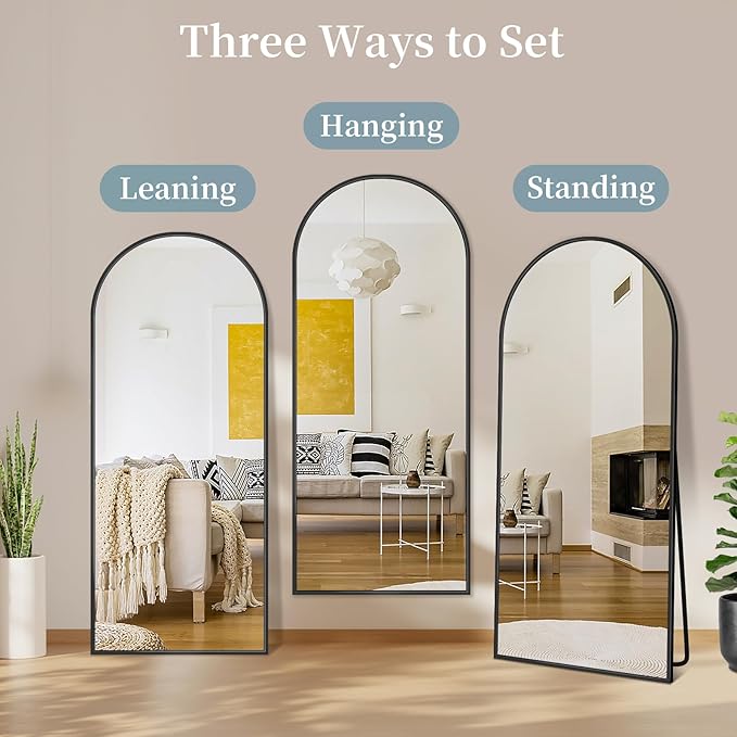 Full Length Mirror with Stand, 56"x14" Arched Full Body Mirror, Large Stand Up Aluminum Frame Floor Freestanding Hanging Leaning Mounted for Bedroom Living Room Entryway Black