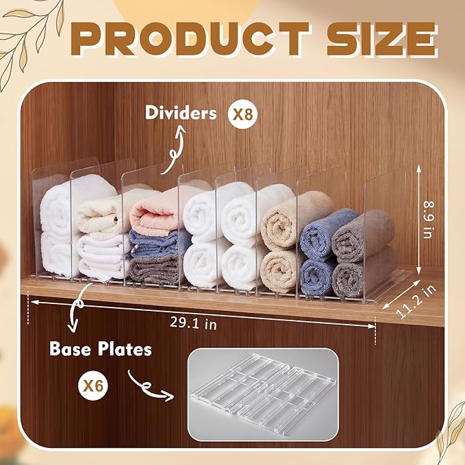 LEIFIDE Interlocking Towel Organizer Set Adjustable Clear Towel Storage Shelf for Bathroom, Plastic Dividers Storage Holder Organizer for Home, Bathroom, Cabinet, Closet, Space Saving