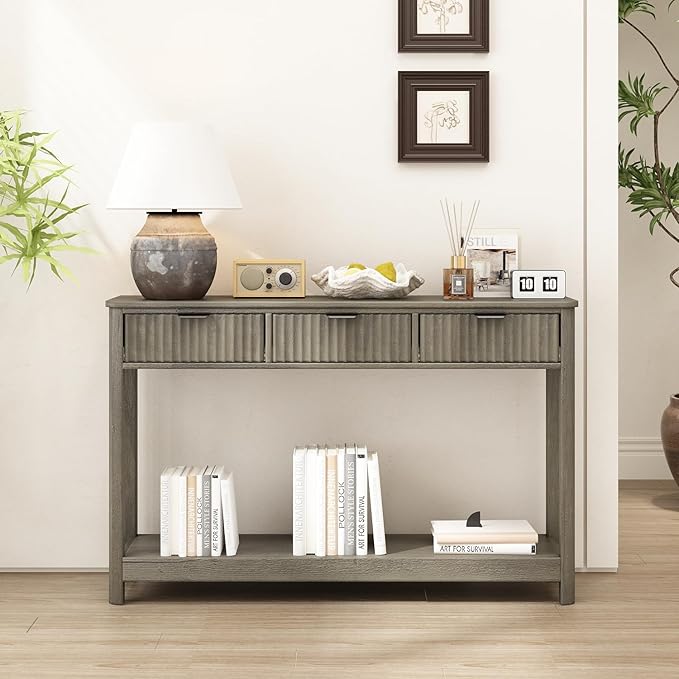 RUSTOWN Fluted Wood Console Table with 3 Drawers, 47.2" Modern Farmhouse Sofa Table & Entryway Table with Open Storage Shelf, Narrow Hallway Table for Living Room, Foyer and Hallway (Washed Oak)
