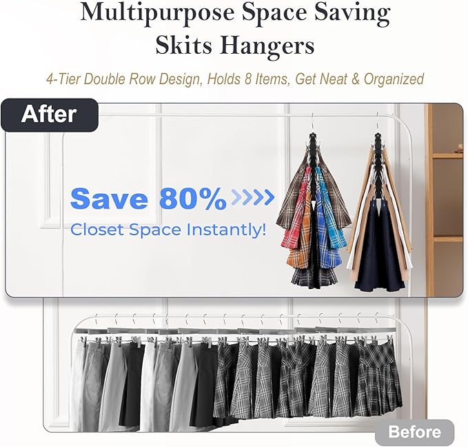 HOUSE DAY Skirt Hangers Space Saving 2 Pack, Double Row 4-Tier Non-Slip Hangers with Clips for Skirts, Shorts, and Pants - Lotus Wood Clip Hanger for Women - Closet Organizers and Storage (Black)
