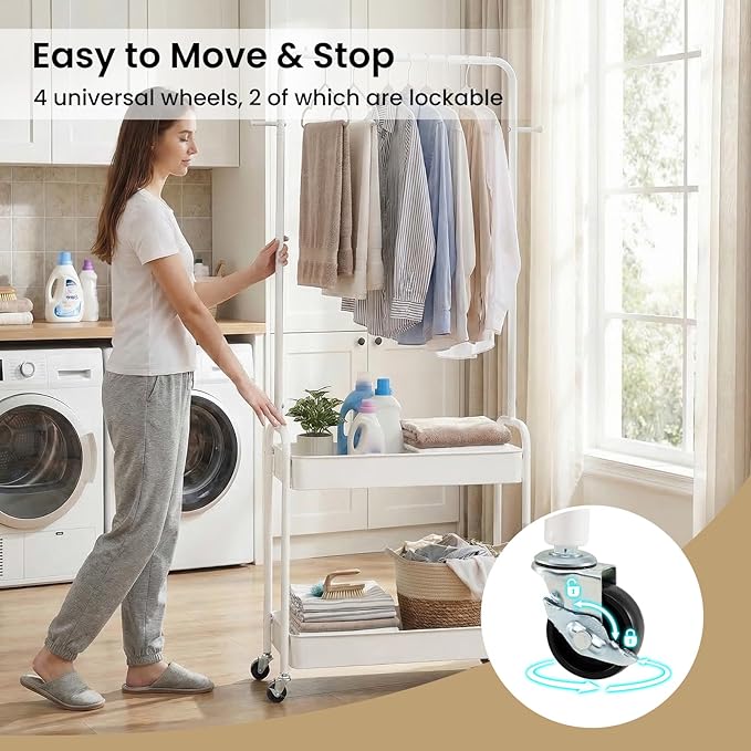 LDAILY Small Rolling Clothes Rack, Heavy Duty Clothing Rack with 2 Baskets, 4 Wheels for Hanging Clothes & Storage, Multi-Purpose Portable Closet for Bedroom, Living Room, Laundry, Small Space (White)