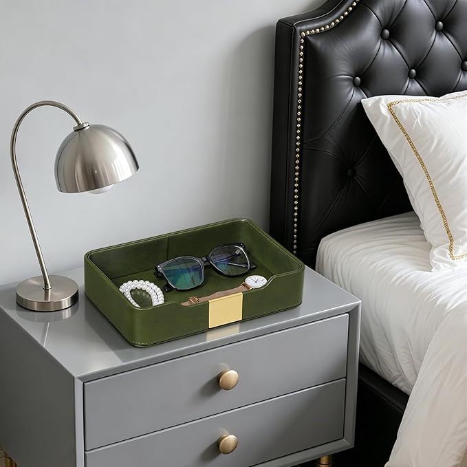 10.2" x 6.7" Nightstand Organizer Tray with Gold Accent, Decorative Valet Trays Cologne Organizer for Men, Key Bowl Perfume Trinket Tray for Dresser Bedside Entryway Table (Olive Green)