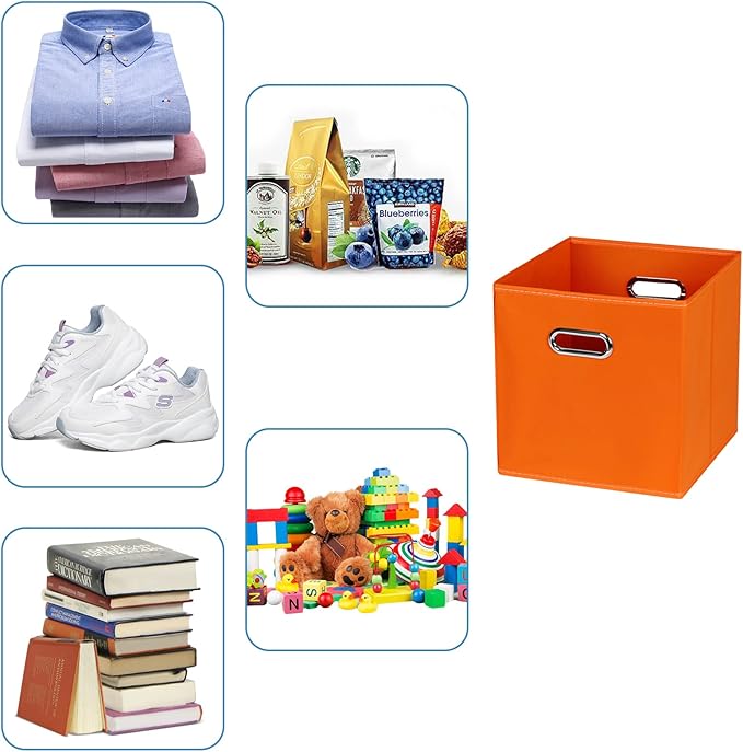 Fabric Cubby Storage Bins,13x13x13 Inches,Cube Organizer Bin Foldable Storage Boxes with Dual Handles Fabric Organizer Box and collapsible Storage basket,Set of 8,Orange