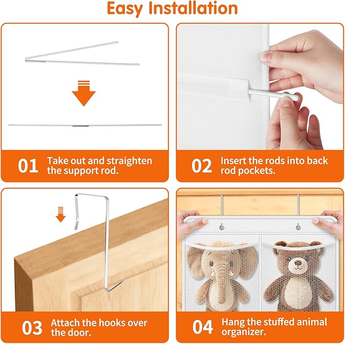 SpaceHacks Stuffed Animal Storage - Large Over the Door Organizer with 6 Expandable Mesh Pockets & Metal Hooks, Non-Woven Fabric Hanging Plush Items Holder for Nursery, Bedroom, Playroom (White)