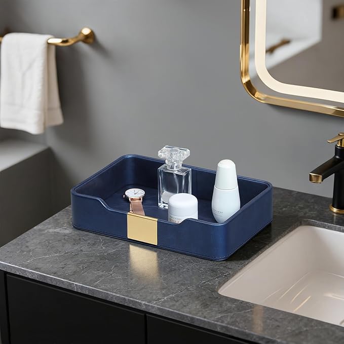 10.2" x 6.7" Nightstand Organizer Tray with Gold Accent, Decorative Valet Trays Cologne Organizer for Men, Key Bowl Perfume Trinket Tray for Dresser Bedside Entryway Table (Navy Blue)