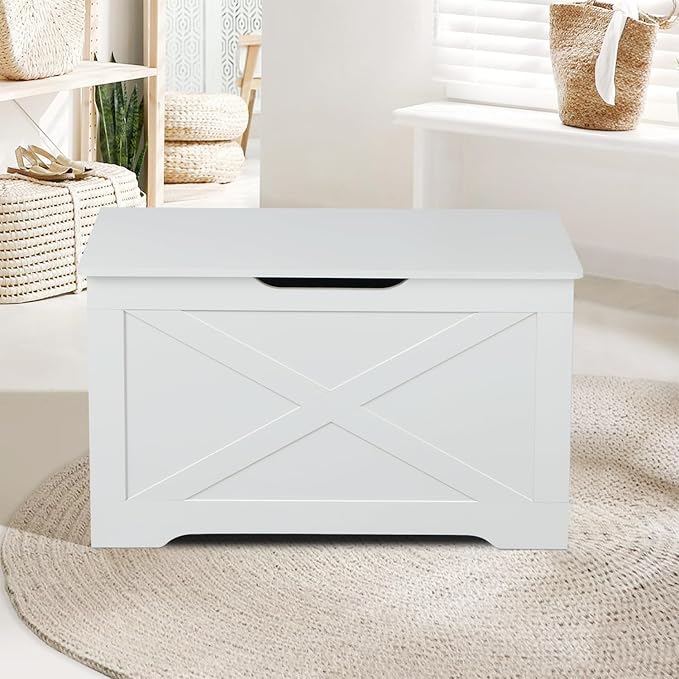 Timberer Storage Chest, Wooden Storage Bench, Entryway Shoes Bench with 2 Safety Hinges, Retro Storage Trunk for Living Room, Bedroom, 15.7 x 31.5 x 18.9 Inches, White