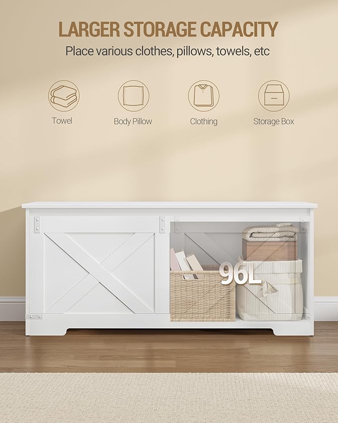 Hzuaneri 42.9" Storage Chest, Large Storage Trunk with 2 Hinges, Farmhouse Wooden Box Bench, Lift-Top Organizer Chest, Entryway Trunk for Bedroom, Living Room, White SB10903X