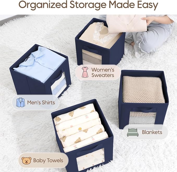 Homsorout Storage Cube 11 Inch - Cube Storage Bins with Window, Closet Storage Baskets with Handle, Fabric Bins for Closet, Shelves, Toys, Clothes, Set of 16, Navy Blue