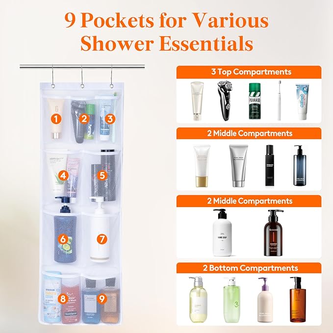 Lifewit Cruise Essentials Shower Caddy Must-Have, 9 Pockets Hanging Bathroom Organizer with Quick-Dry Mesh, Portable Shower Bag to Storage Soap, Shampoo, for RVing, Travel, Camping, White, 2 Packs