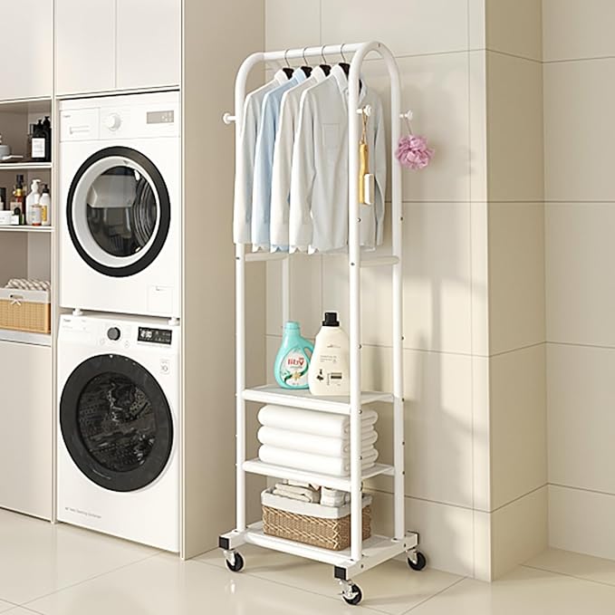 Dttwacoyh Narrow Hall Tree for Small Spaces,Space-Saving Solution for Tall Free Standing Metal Garment Rack with Shelves，Hook and Wheels for Entryway, Mud Room, Laundry Room,Bedroom- White