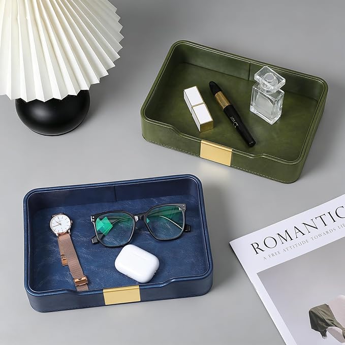 10.2" x 6.7" Nightstand Organizer Tray with Gold Accent, Decorative Valet Trays Cologne Organizer for Men, Key Bowl Perfume Trinket Tray for Dresser Bedside Entryway Table (Navy Blue)