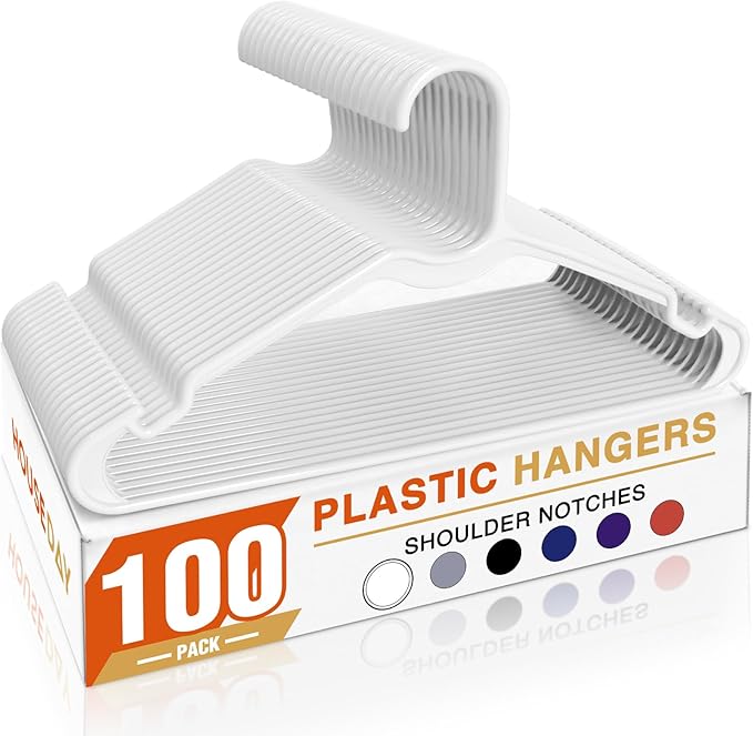HOUSE DAY White Plastic Hangers 100 Pack, 16.25" Slim Hangers with Non-Slip Extended Notch, Perfect for Plus Size & Curvy Fits, Closet Organization Essential, Space Saving for Dorm Apartment Home