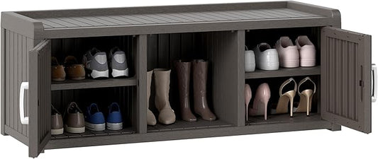 2-Tier Storage Bench, Waterproof UV-Resistant Outdoor Shoe Storage Cabinet with 2 Doors & Adjustable Shelves for Indoor Outdoor Entryway, Hallway, Living Room(Grey)
