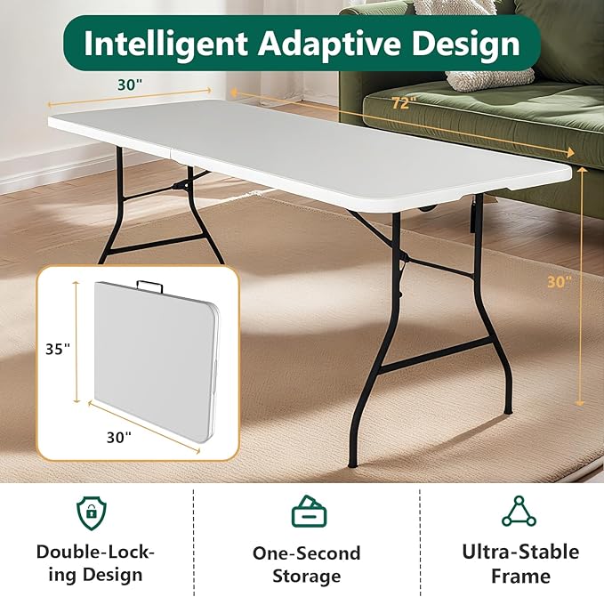 6ft Folding Table with Handle, Heavy Duty Plastic Table, 300 lbs Portable Table, Reinforced Steel Legs, High Density Plastic, Ideal for Parties, Picnics, Weddings,Camping (White)